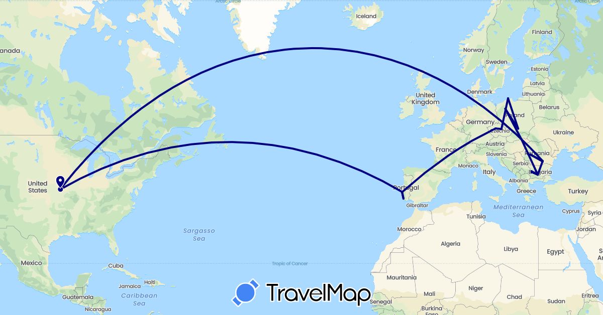 TravelMap itinerary: driving in Bulgaria, Czech Republic, Poland, Portugal, Romania, United States (Europe, North America)